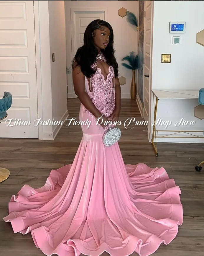 Pink Diamond Tassel Mermaid Prom Dress Elegant Satin Crystal Rhinestone Black Girl Birthday Party Custom فساتين سهرة