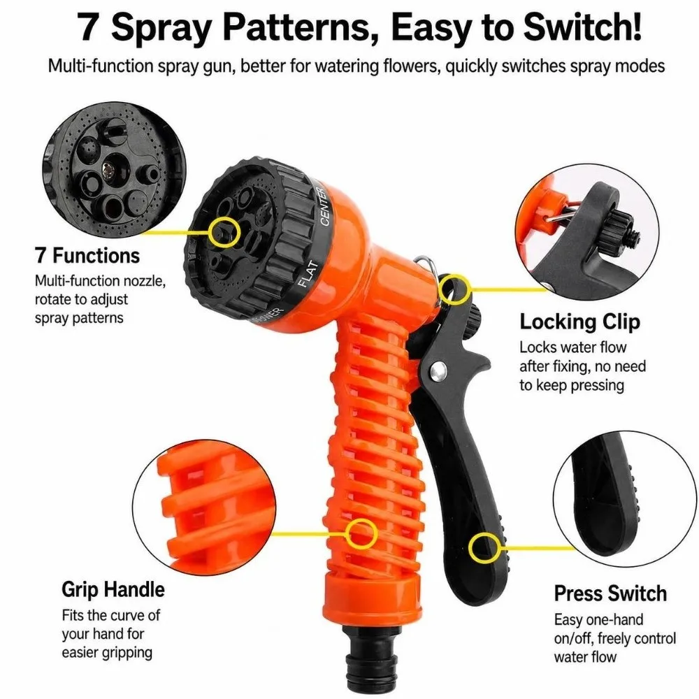 7 Spraying Functions Garden Watering Hose Rubber Lightweight High Pressure Water Sprayer Durable Materials Car Wash Sprayer