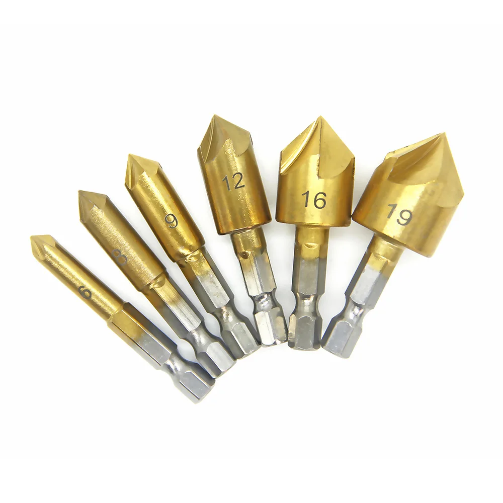 3/6pcs Countersink Drill Bit Set 1/4\'\' Hex Shank HSS 5 Flute Countersink 90 Degree Wood Chamfering Cutter 6mm-19mm Wood Drilling