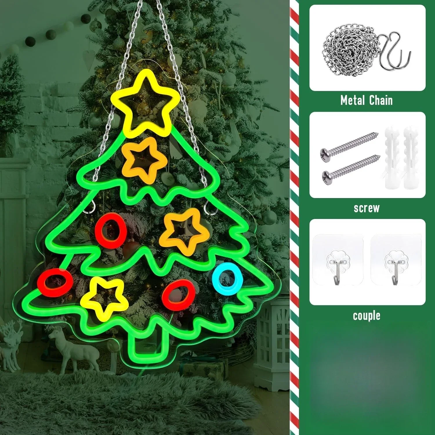 Christmas Tree Star Ornament Neon Sign Green Multi Color LED Wall Art Acrylic USB Powered Dimmable Light Decor for Xmas Party
