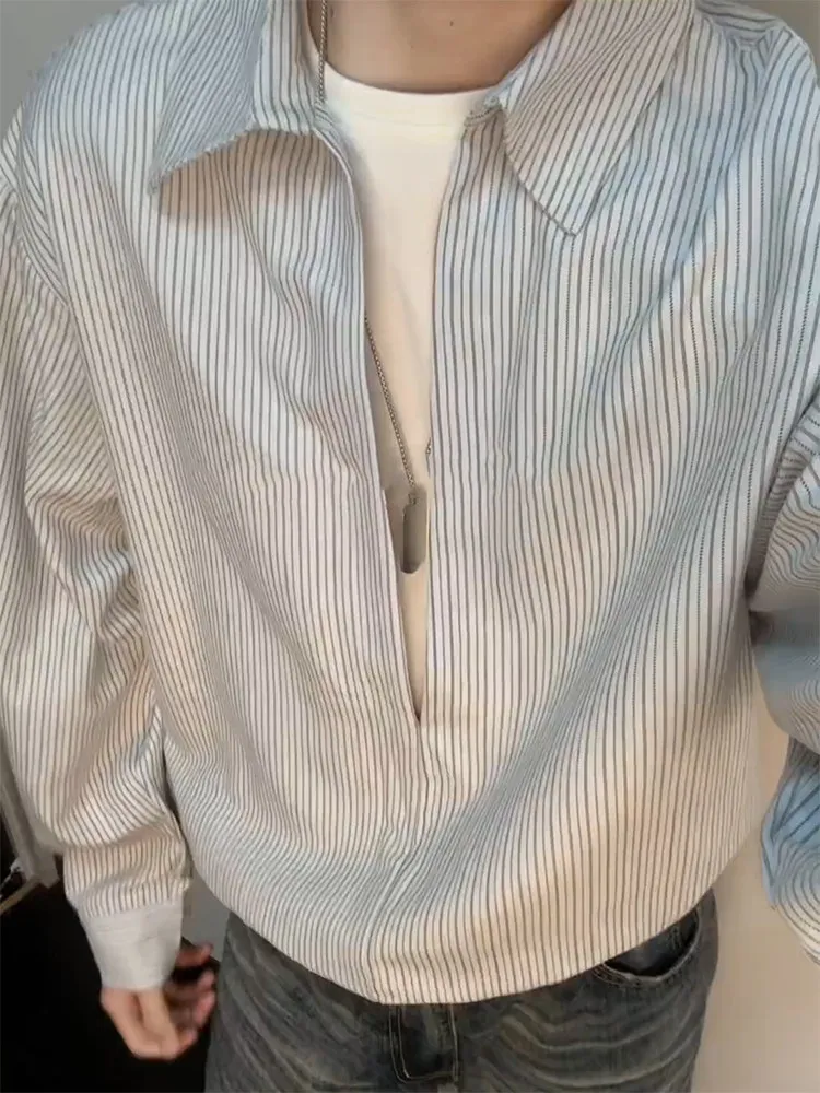 

Men's Long Sve Striped Patchwork irt Jaet Spring Lazy Design Loose Workwear Top Breathable V-Ne Micro Stretch