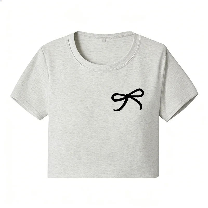 Cropped Fashion Bow Print Crew Neck T-shirt Y2K Short Sleeve Tight Fit Crop Top Spring Summer Women's Clothing 90s Chic