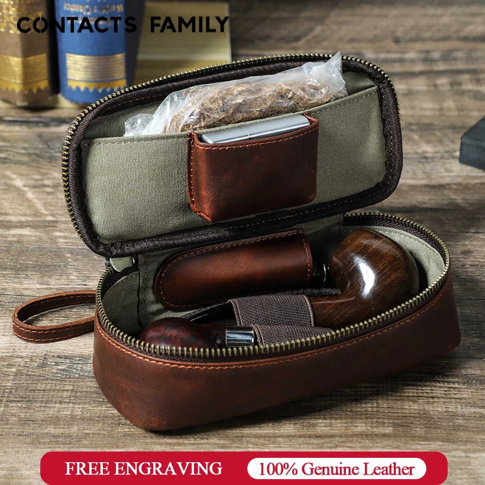 CONTACTS FAMILY Genuine Leather Tobacco Smoking Pipe Bag for 2 pipes Portable Herb Smoke Pipe Case Smoking Accessories Kit Tools