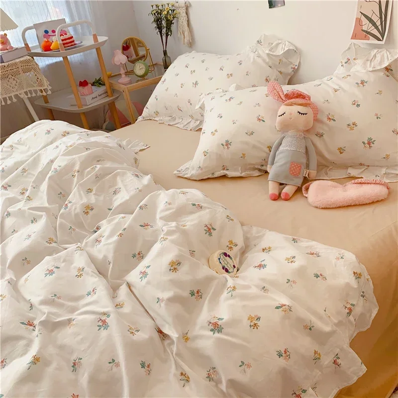 Imagem -06 - Floral Impresso Capa de Edredão Conjunto com Fronha Pliado King Size Queen Size Folha de Cama 100 Algodão Princesa