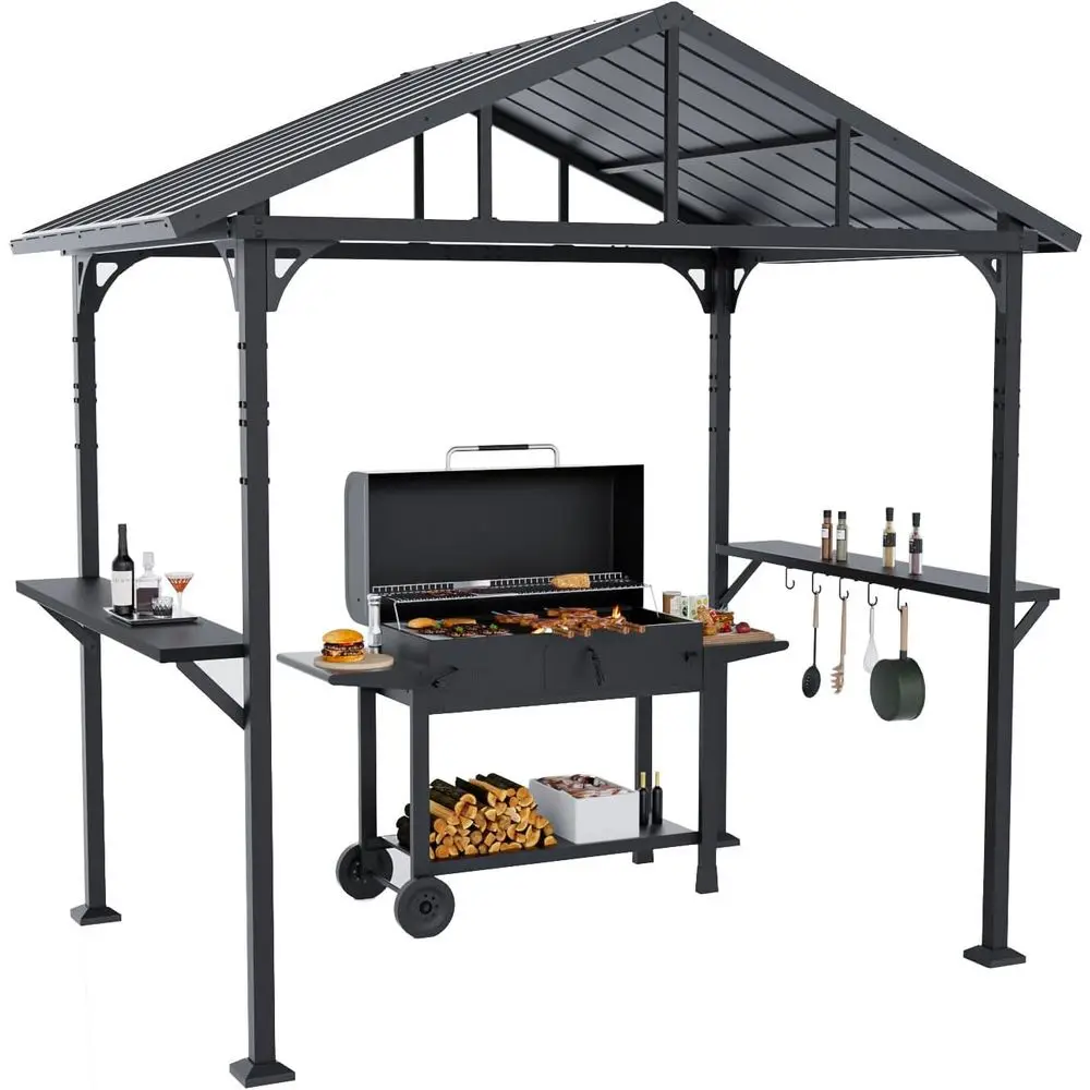 Outdoor Metal BBQ Gazebo with Triangular Roof, Drainage Holes, and 2 Side Shelves for Backyard Grilling