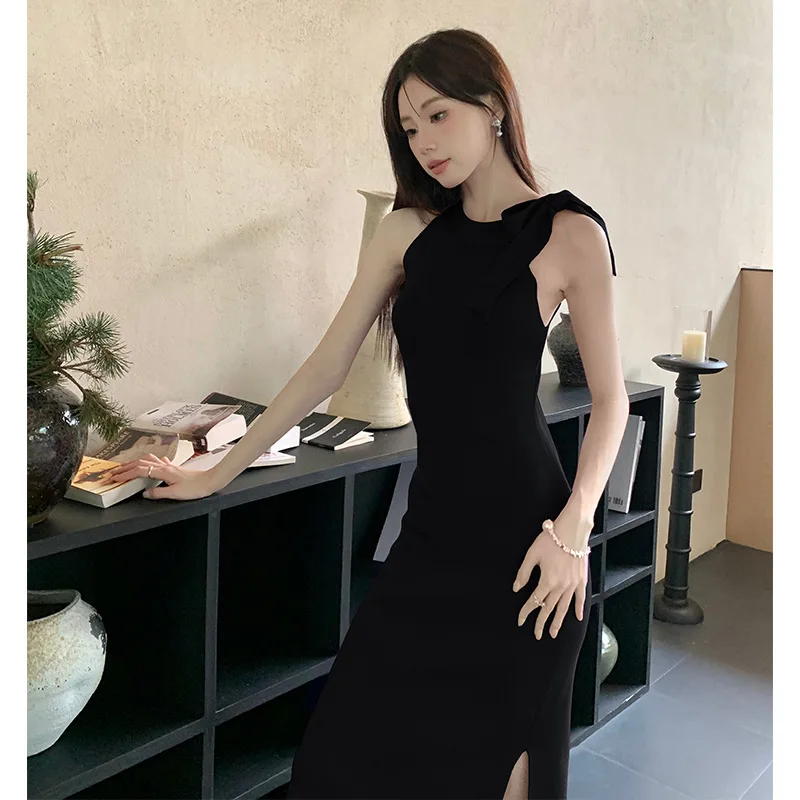 膝丈セーターベスト韓国風セータージャンパー女性美学ボートネックオーバーサイズグランジ服エフォートレスヘムラインOL