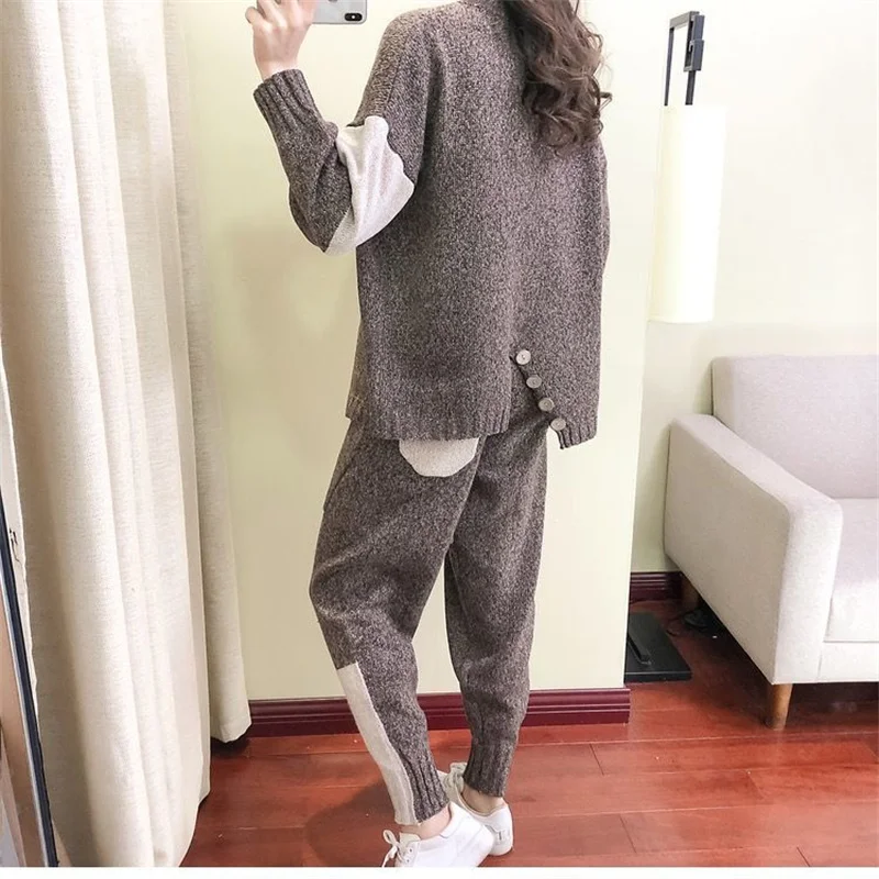 

2023 Spring Autumn Women New Loose Knitting Two Piece Set Female Stylish Half High Neck Sweater Harlan Pants Fashion Leisure Set