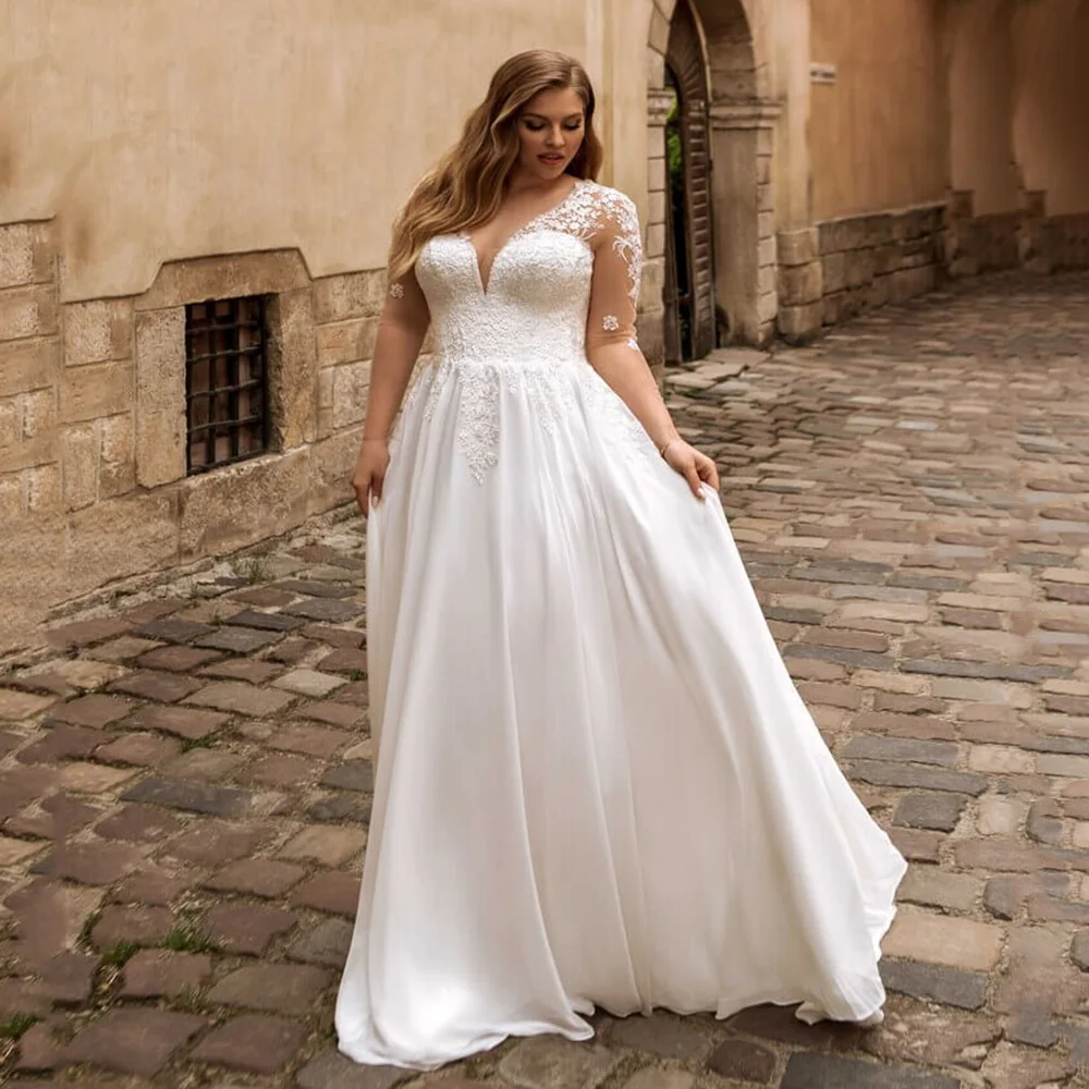 

Elegant Long Sleeves Plus Size Bridal Gown V Neck Chiffon Beach Wedding Dress Boho Oversize Bride Dresses Vestido de Novia 2023