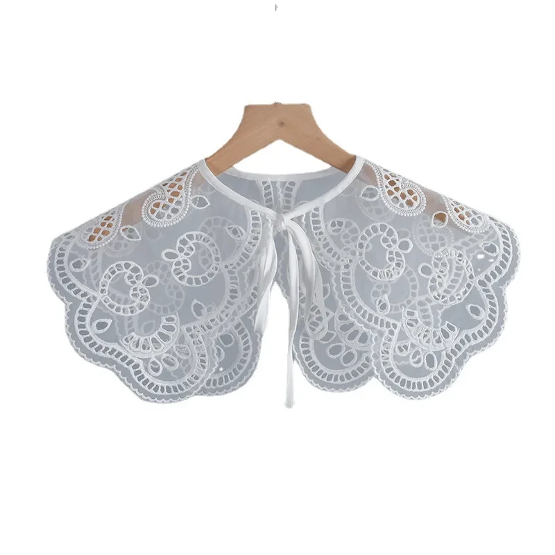Collar falso Floral de encaje para mujer, chal con cuello desmontable calado, solapa blanca, lazos, Collar falso, bufanda, capa