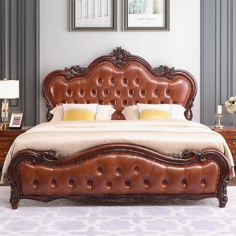 High-end Elegant European-style Solid Wood King Bed with Luxury Classical Royal Carved Design Oil Wax Coating for Master Bedroom