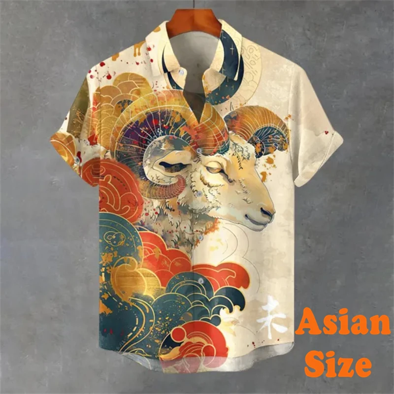 Chinese Zodiac Retro Shirt For Men Personality Print Graphic Short Sleeve Button Shirts 2025 New Trend Street Harajuku Blouse