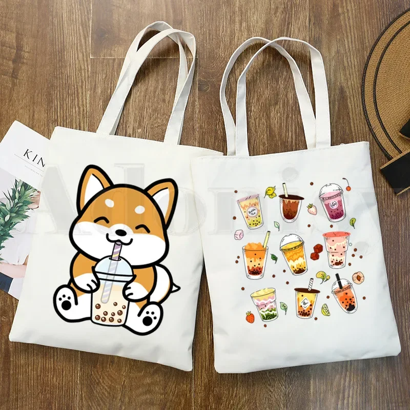 Bubble Tea Cute Cartoon Fashion Kawaii Graphic Handbags Shoulder Bags Casual Shopping Girls Handbag Women Elegant Canvas Bag