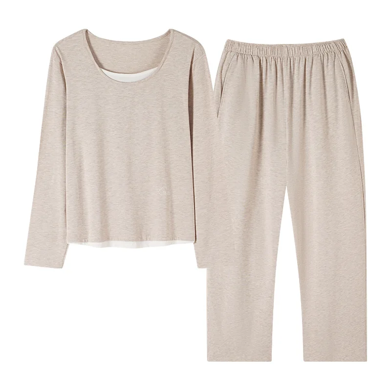 Primavera e outono feminino modal fino manga comprida novo casual pulôver de duas peças conjunto de terno para casa com almofada no peito pijamas
