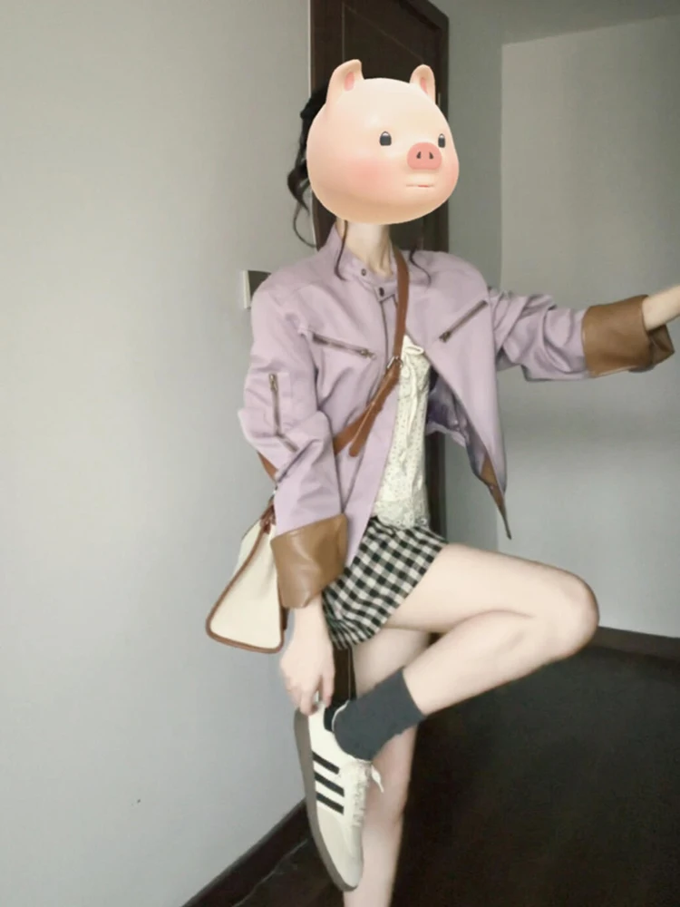 

Женская демисезонная куртка из искусственной кожи PU, фиолетовая, в стиле мотоциклетной куртки, модная, с легким ароматом, ветровка