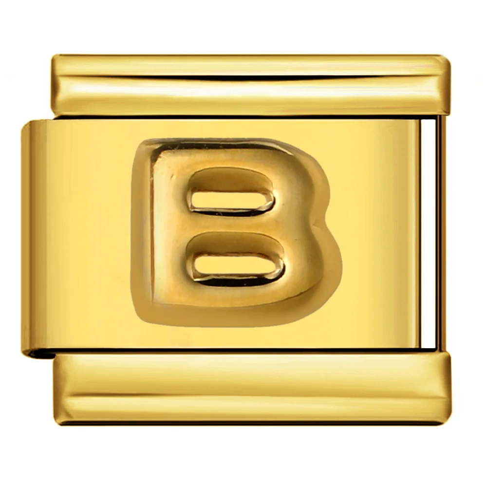 Modische italienische Glieder passend für 9mm Edelstahl in Goldfarbe, 26 englische Buchstaben A-Z Anhänger Schmuck für Damen und Herren, DIY Armbandherstellung. – Detail 2