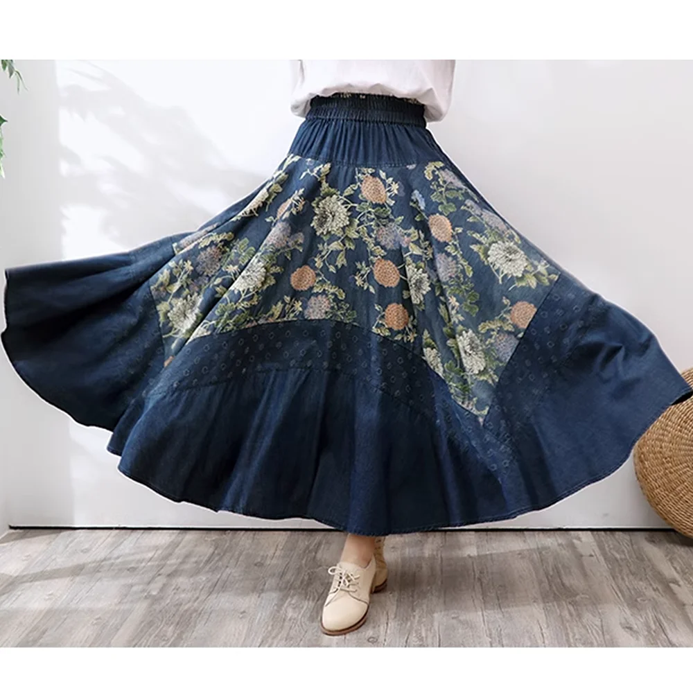 Sunflower Spring High Quality Bohemian Vintage Casual Denim Contrast Color Fashion Classic Elegant Prairie Chic Skirts