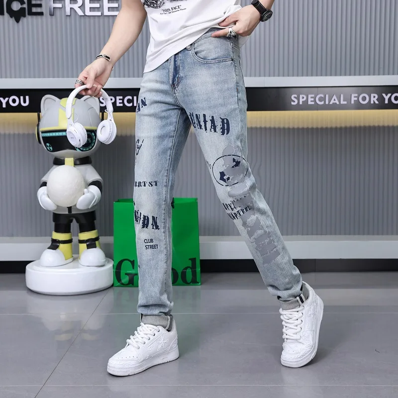 

Summer Thin Embroidery Printed Jeans Men's Slim-Fitting Small Straight2024New Men's Wear Trend Casual Long Pants