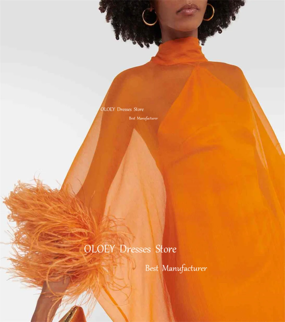 OLOEY Orange Chiffon Evening Dresses African Women High Neck Long Sleeves Feathers Straight Formal Party Prom Gowns Vestidos