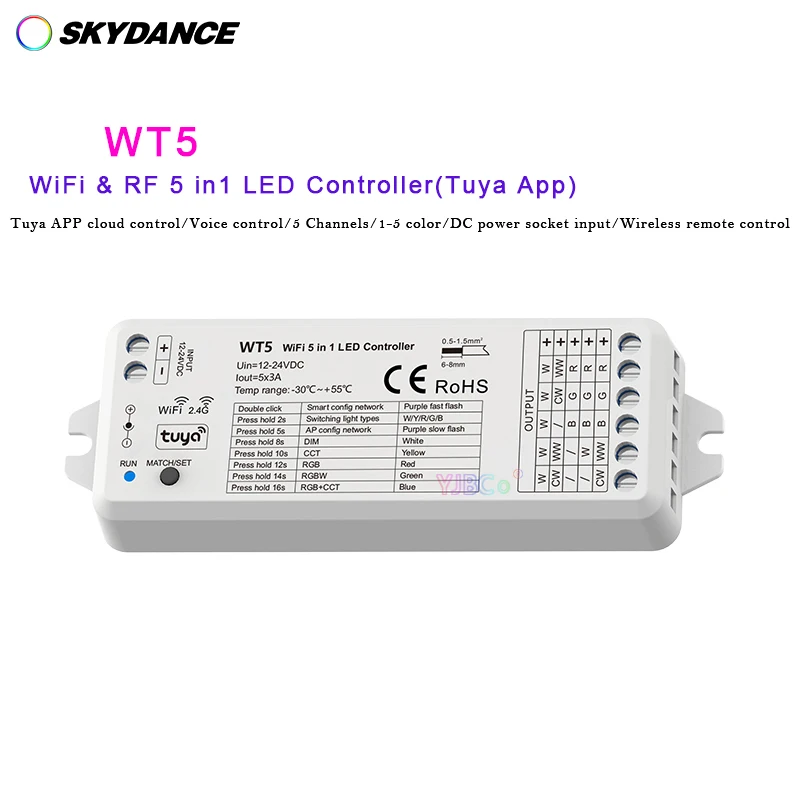 

Светодиодная лента Skydance 12 В, 24 В, цвет RGB,RGBW,RGB + CCT,CCT, одноцветная, 5 цветов в 1, контроллер Wi-Fi WT5 RF, дистанционное управление через приложение Tuya
