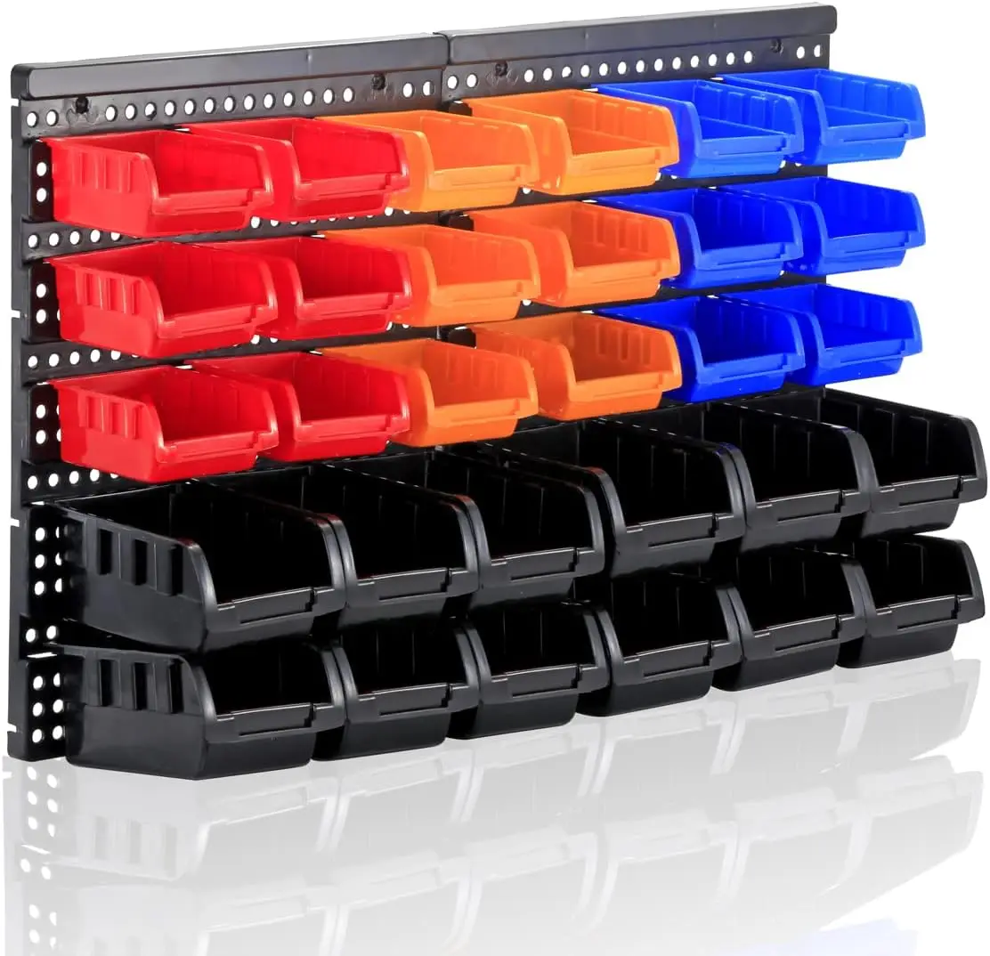 

Wall Mounted Storage Bins Parts Rack 30 Bins Garage Plastic Shop Tool Organizer, 4 Colors ABS Garage Rack for Screw Storage