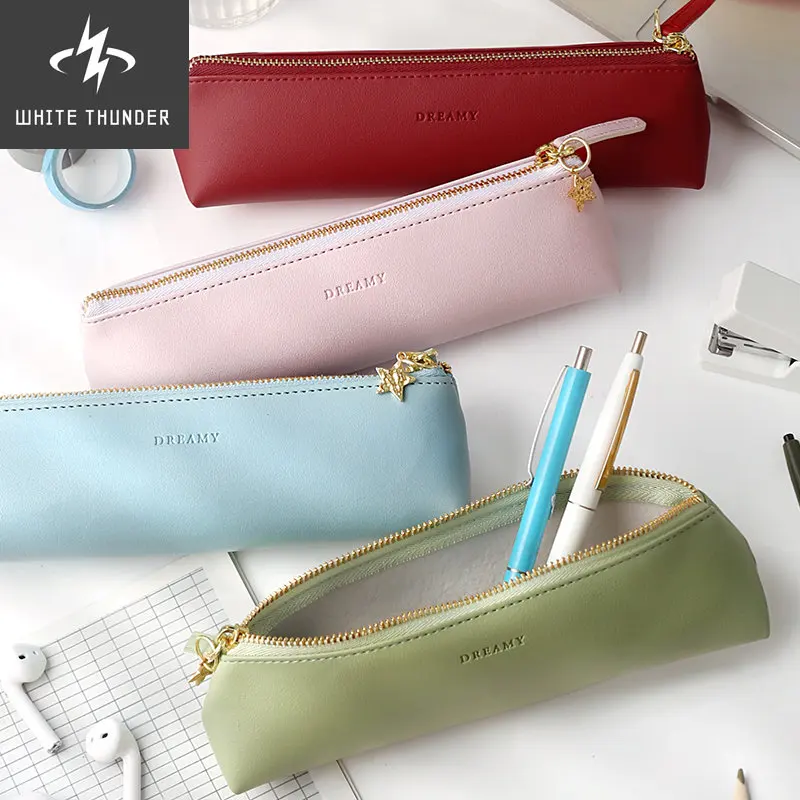 

Dreamy Pen Bag PU Leather Pencil Case Simple Triangular Retro Color Case Storage Pouch for Stationery School Zakka A6751