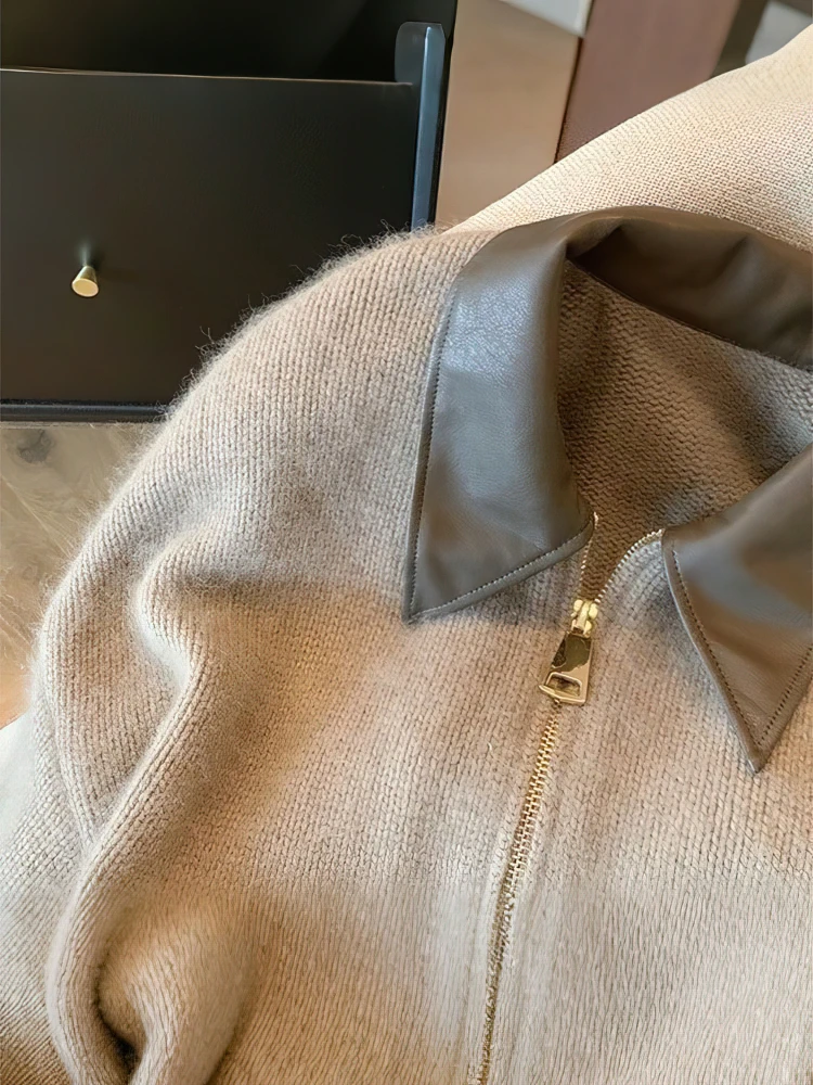 

Leather Collar Thick Sweater Jacket Women Vintage Double Zipper Knitwear Ladides Casual Cardigan Fashion Spring Autumn Coats Top