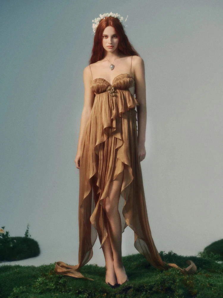 Sexy Spaghetti Strap Tiered Flowy Long Dress Women Brown Sleeveless Backless Ruffles Folds Dresses Evening Party Beach Gowns