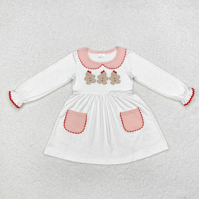 

Girls Pink Long Sleeve Dress Embroidery Gingerbread Christmas Dress Wholesale Boutique Embroidery Dress for Girls