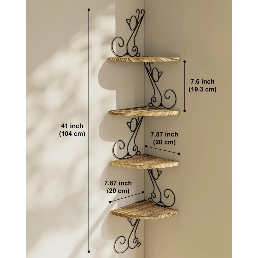 4-Tier Cat-Shaped Floating Corner Shelves, Rustic Wood Storage for Home Decor, Easy Install