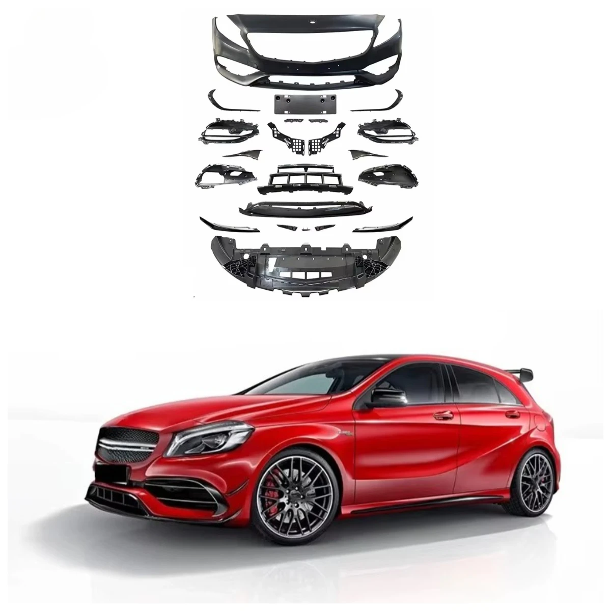 

Комплект обвеса A45 Style: передний сплиттер, задний диффузор, боковые пороги, вентиляционные отверстия, спойлер для W176 2013-2018