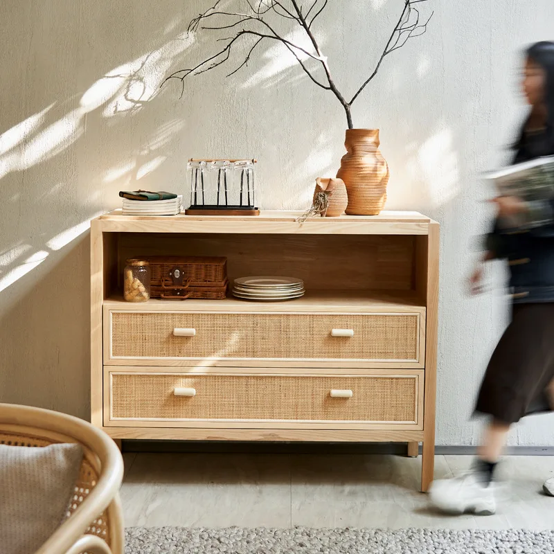 Japanese style household multifunctional sideboard with drawers, modern simple living room, solid wood rattan woven small