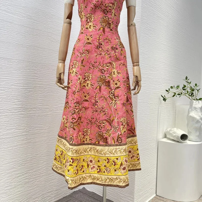 2025 Pink Hollow Back Sleeveless Midi Dress for Women