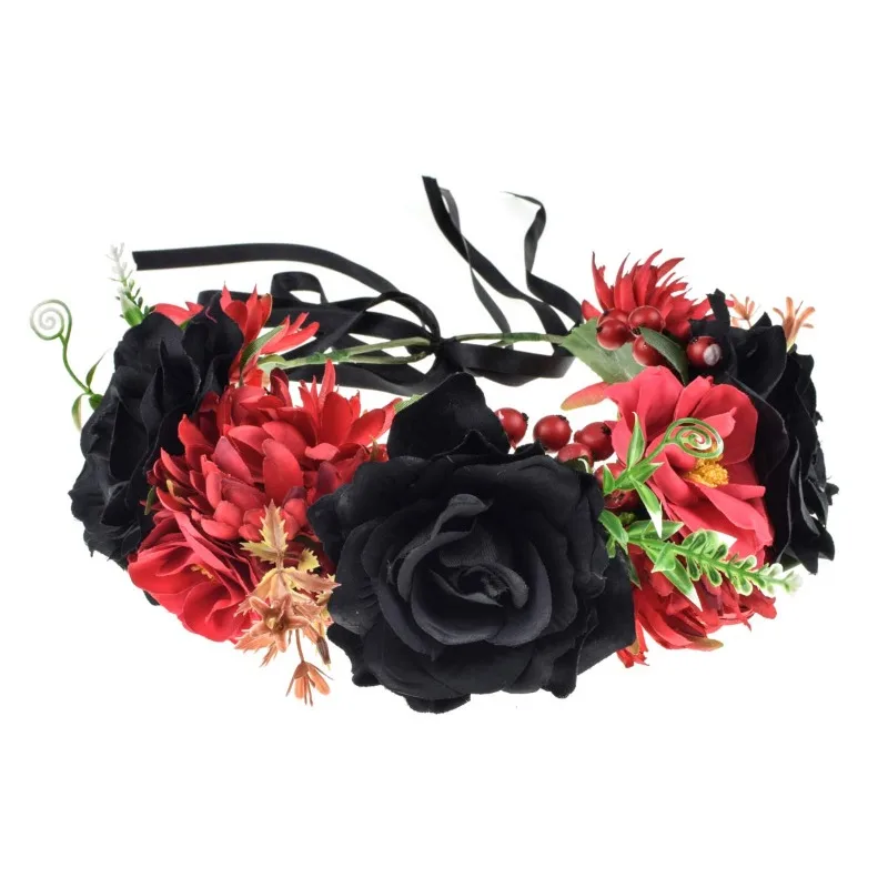 

Day of The Dead Flower Headband Rose Flower Crown Headpiece (red black)