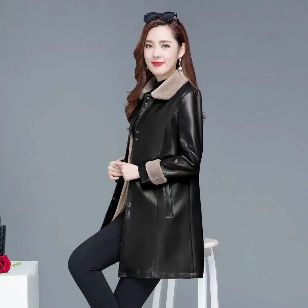 New Women's Faux Leather Coat With Fur Collar Mid Length Long Sleeve Stylish Slim Fit Comfortable Trendy Versatile Commuter Coat 3