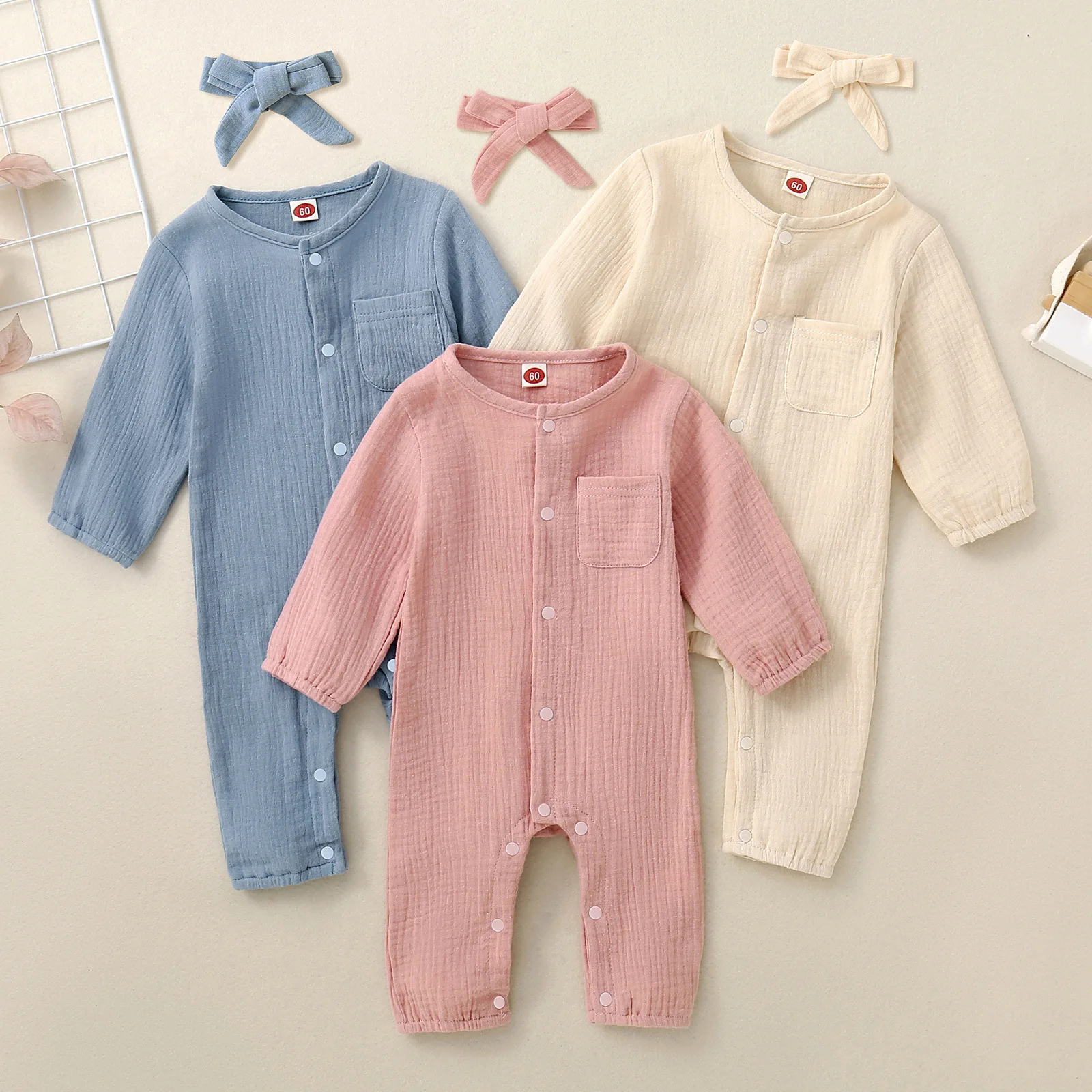 Mädchen Kleinkind Frühling/Herbst Rundhals Einfarbig Langarm Strampler mit Stirnband Baby Mädchen Ensemble