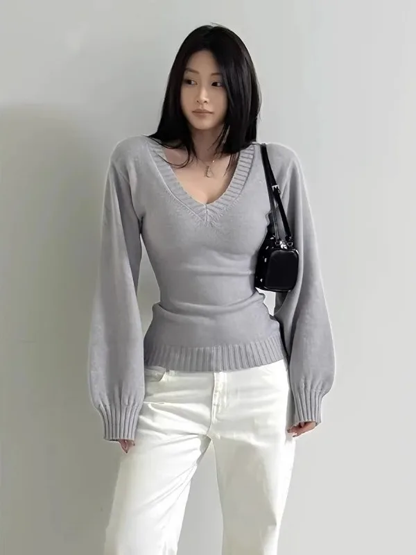 

Spring 2026 ey Slim Fit Sexy V-Ne Knitwear Top Large Size Spicy Girl Sle Commute Wind Regular Fit Long Sve Knitted S...