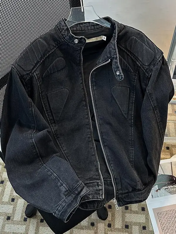 

Retro American Vintage Distred Denim Jaet Loose Fit ex Spring Faion Couple's Outerwear Simple Sle Long Sve