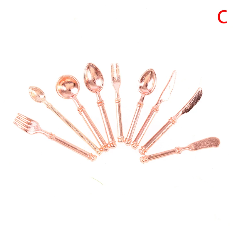 1:12 Mini Vintage Dollhouse Miniatures Tableware Cutlery Metal Knife Fork Spoon Chopsticks Plates Kitchen Food Furniture Toys