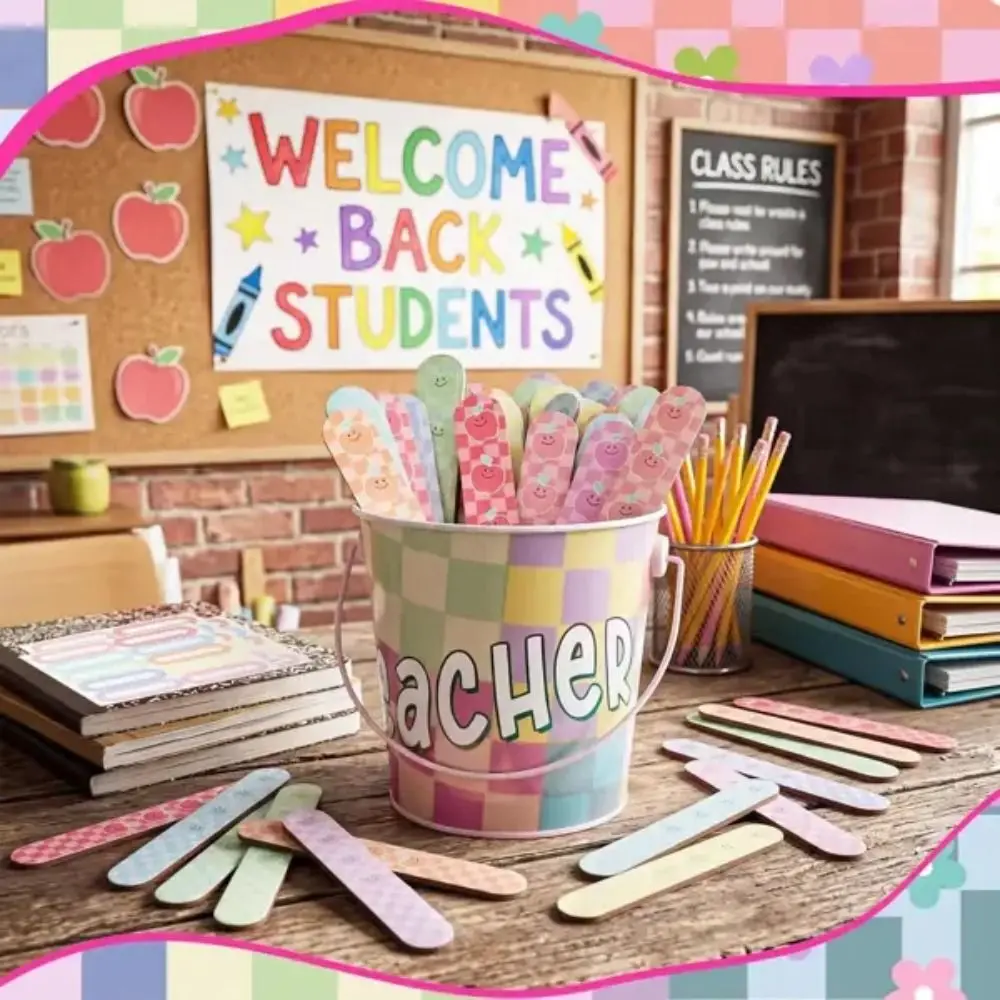 Metal Storage Bucket Teacher Name Stick Set Reusable Blank Adhesive Stickers Student Name Sticks Random Draw Themed Patterns