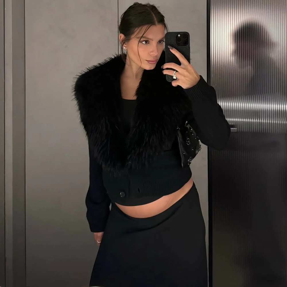 Talenza Women's Black Fleece Cardigan Fashion Elegant Long-Sleeved Patchwork Slim Sweaters Vintage Streetwear Female Outerwear