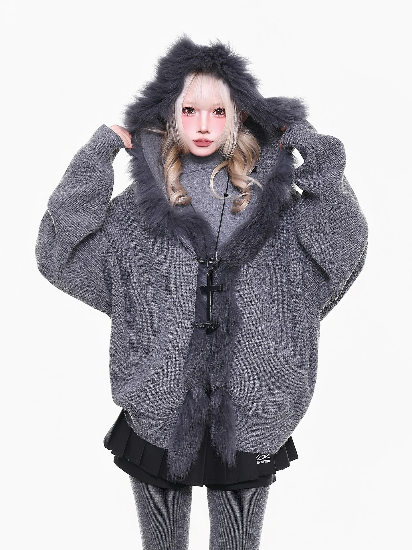 

Orange Marmalade YO Real Fur Large Collar Hoodie Women's Winter Loose Knitted Cardigan Outerwear Vintage Sle Long Sve