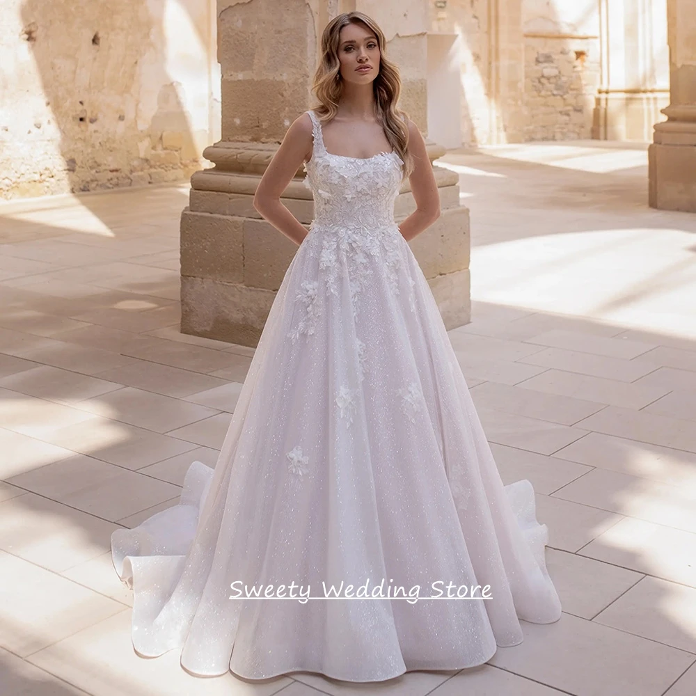 Customized Wedding Dress for Bride Elegant Square Neck Sleeveless Lace Applique Flowers Glitter Tulle A Line Bridal Gown