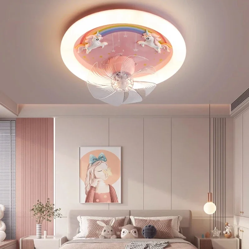 Nordic LED Ceiling Light with Fan Pink Princess Children's Room Bedroom Ceiling Fan Resin Unicorn Rainbow Remote Control 220V