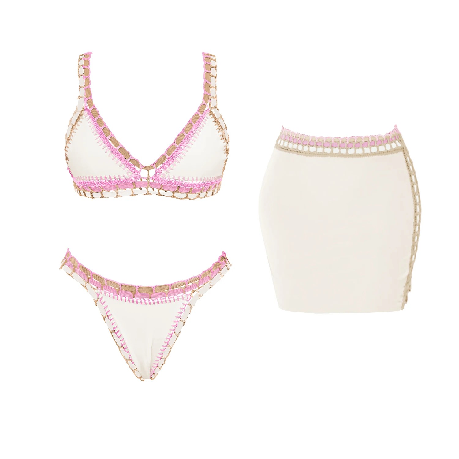 

3 шт. розовый вязаный крючком бикини 2025 сексуальный женский купальник женский купальник бандо бикини микро купальный костюм пляжная одежда мини-юбка