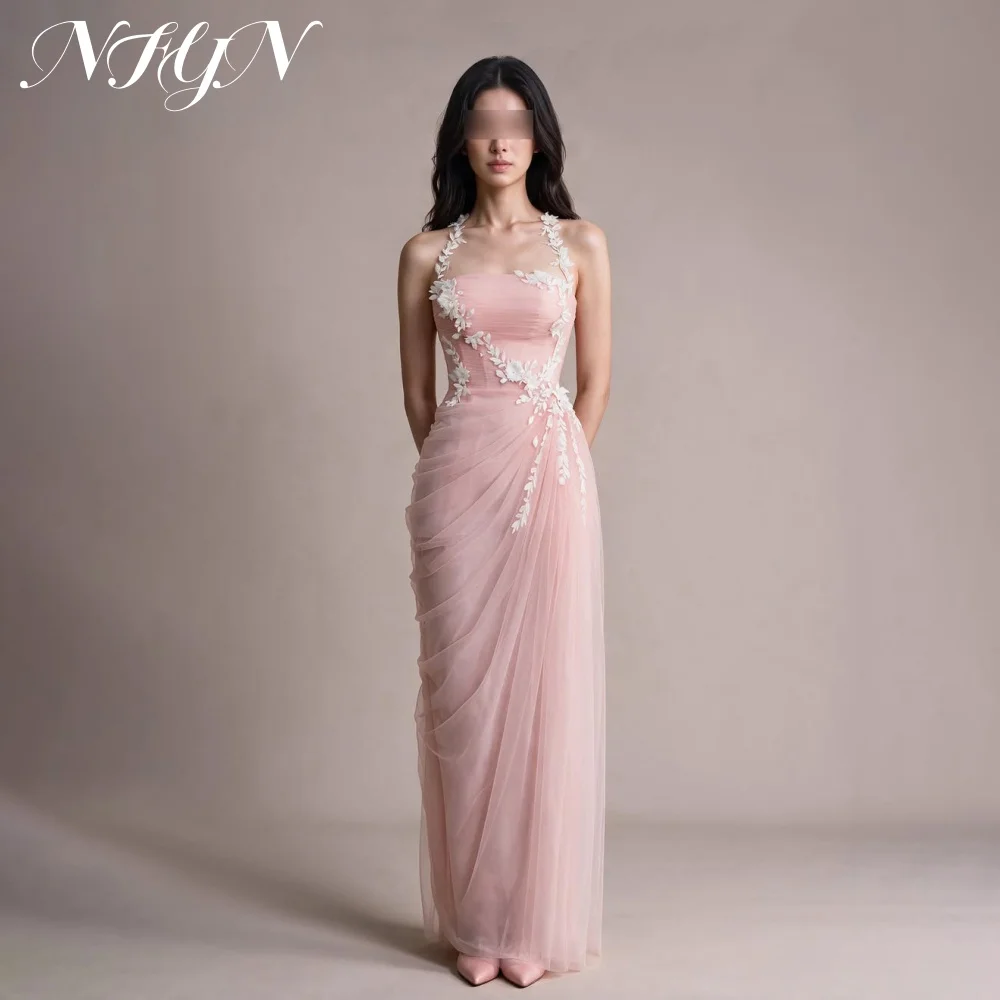 NFYN Elegant Women Pink Halter Prom Gowns Tulle Formal Evening Dress Floral Appliques Ruched Long Party Dress Colors Customized