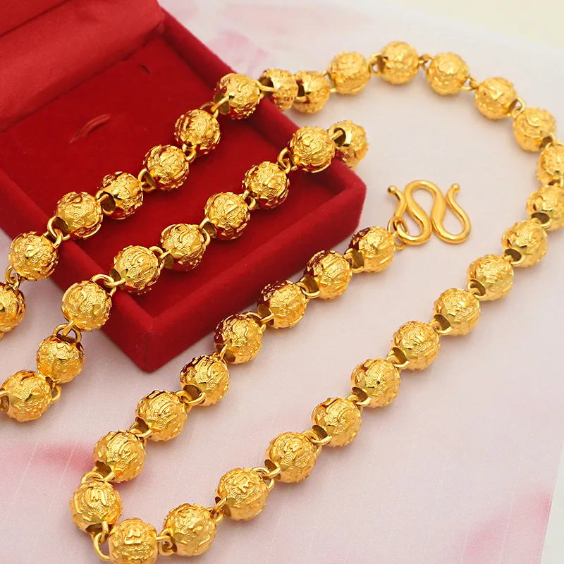 9999 Gold Six-Character Mantra Necklace Round Beads Round Bucket Buddhist Beads