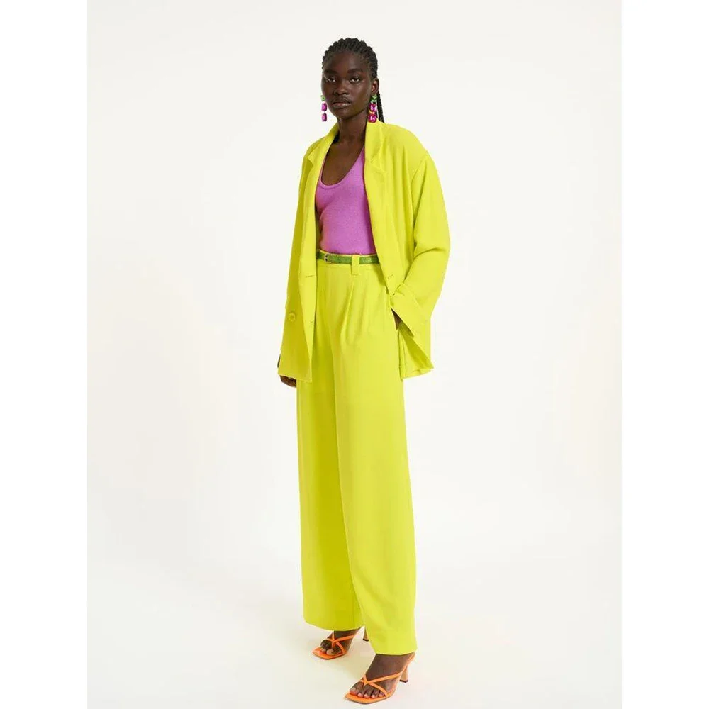 Hot Selling Bright Yellow Loose Fitting Women's Pants Set Double Breasted Female Two Pieces( Blazer+Trousers)