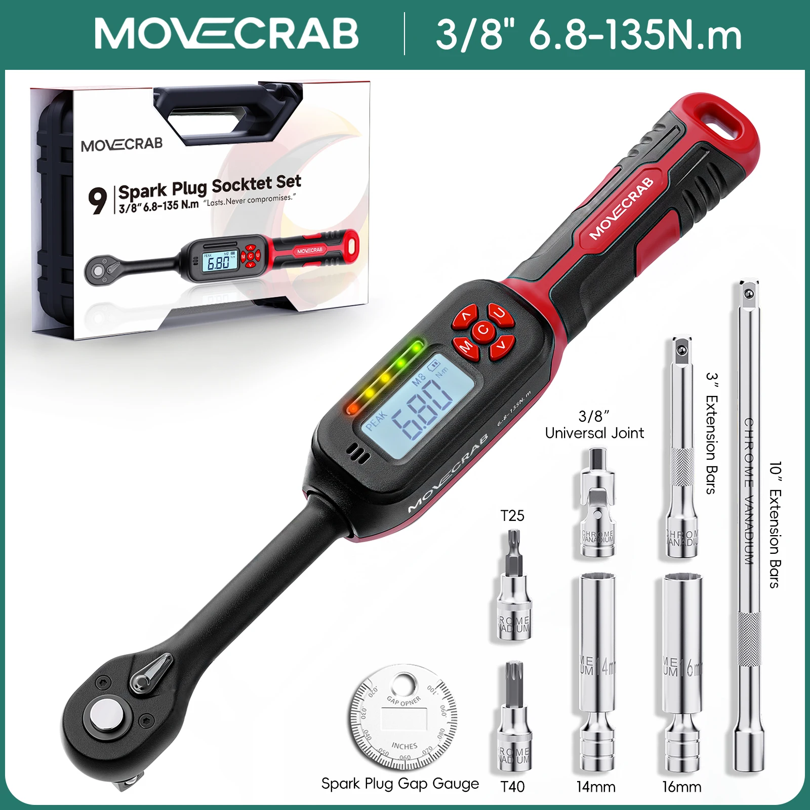 MOVECRAB Serie Digitale Momentsleutel 1,5-340N.m 2% Nauwkeurigheid Voorgeprogrammeerde Waarden met Zoemer, LED-flits & Trillingsmelding op de handgreep