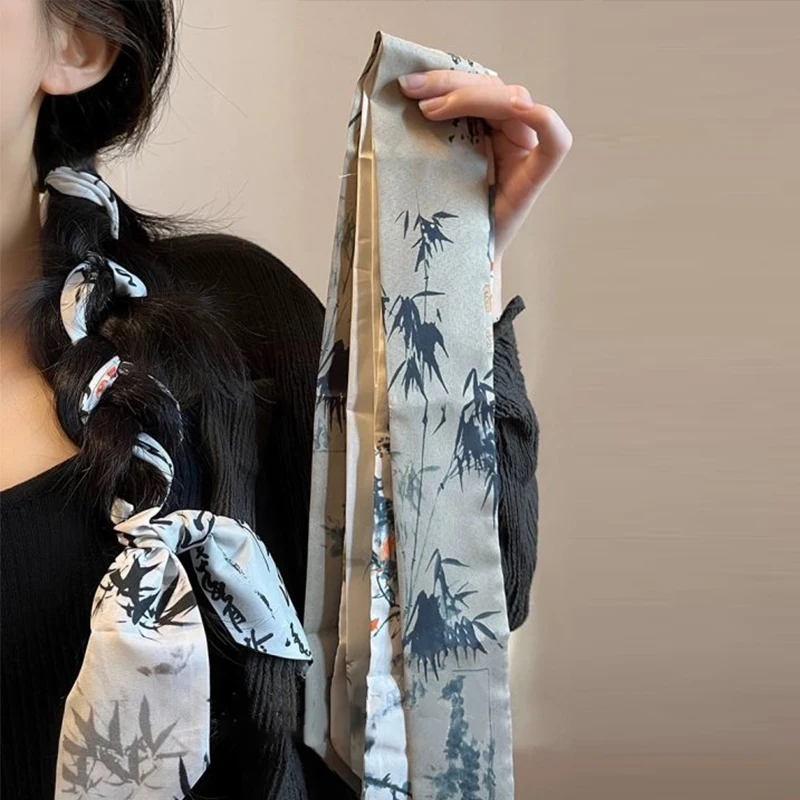 

Chinese style silk scarf Simple Long Ink Painting Silk Scarf Ribbon Ancient Style Ancient Hair Band Tie Turban Silk Scarf Lady