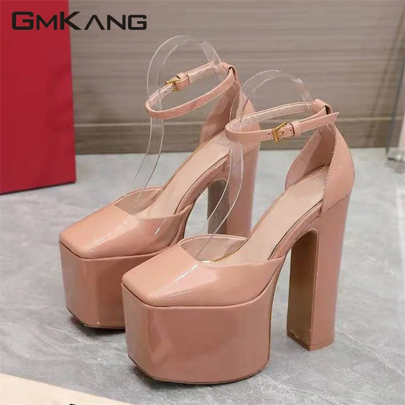 New Platform Shoes Women Super High Heels Runway Shoes Patent Leather Women Pumps Square Toe Chunky Heels Party Shoes Woman